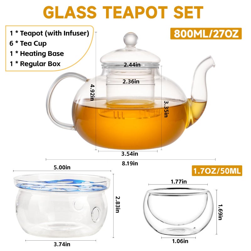 GURUDAR Glass Teapot Set  27OZ/800ML Stovetop Safe Glass Tea Kettle with 6 Small Double Wall Tea Cups & Loose Tea Infuser & Tea Warmer  Microwave & Dishwasher Safe Tea Maker  Blooming Tea Gift Set - Image 2